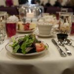 Table set for a banquet in Wesley Hall